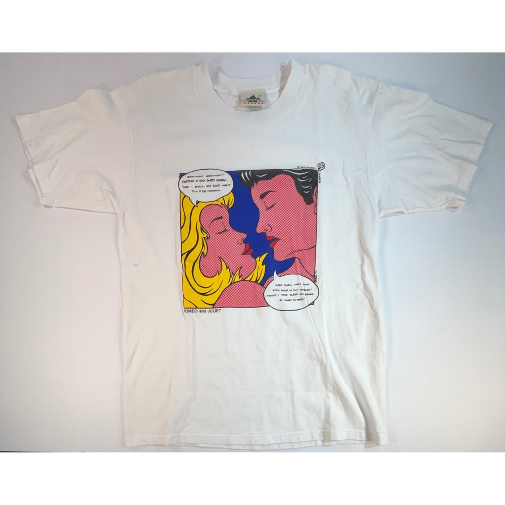 Vintage 90s Roy Lichtenstein Style Romeo Juliet Pop Art T-Shirt White Large 1997